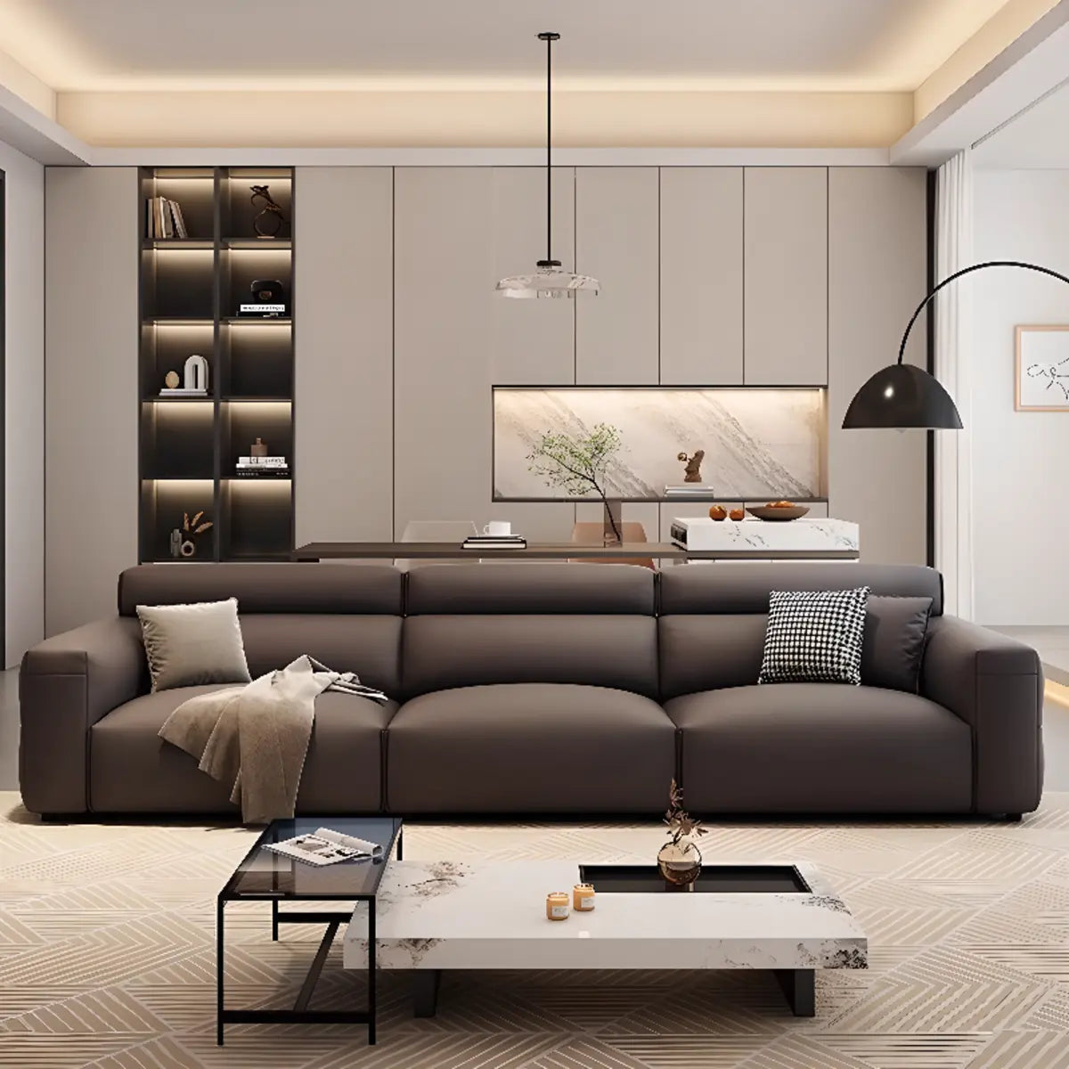 Living Room Tan Leather Wood Frame Three Seater Sofa Image - 4