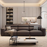 Living Room Tan Leather Wood Frame Three Seater Sofa Image - 4
