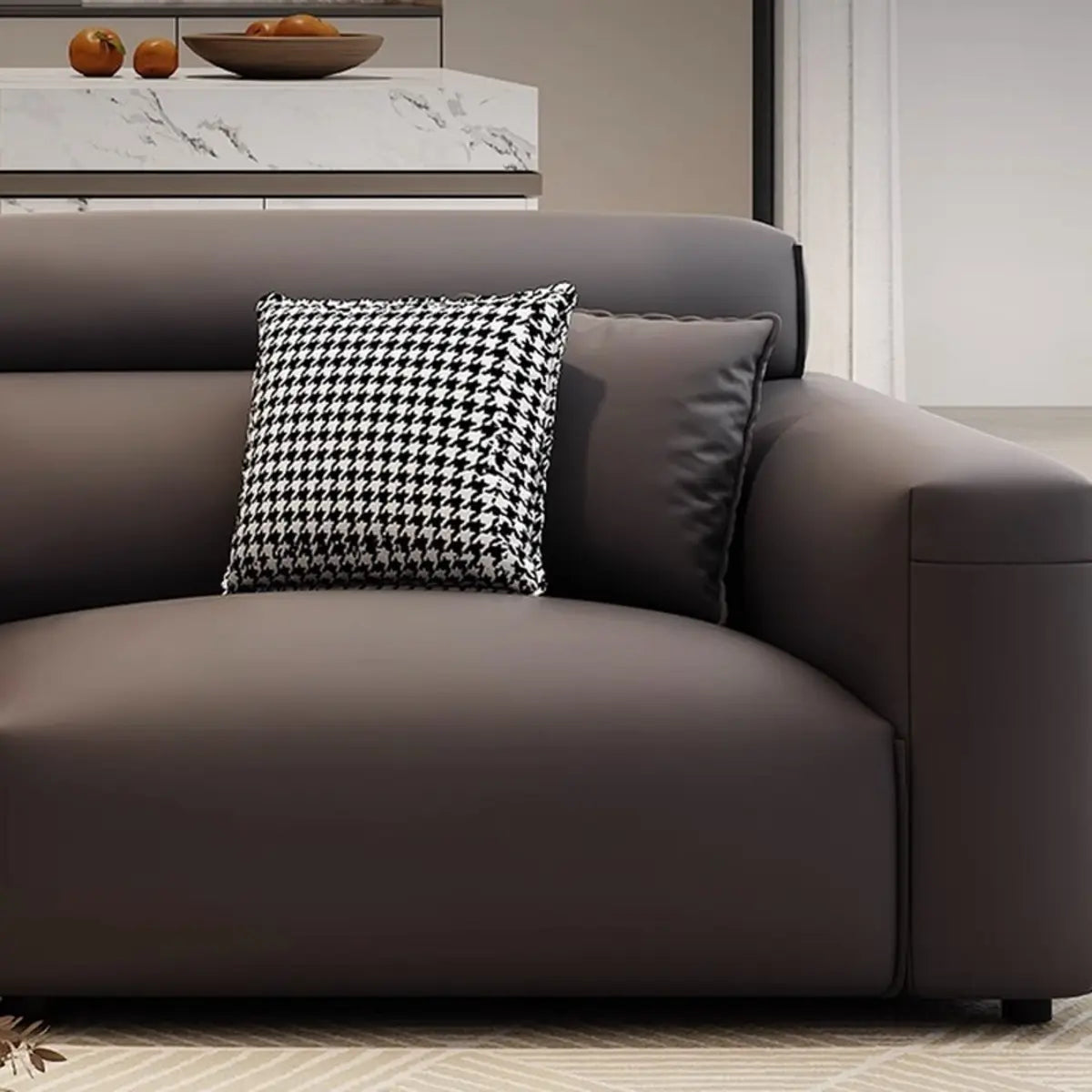 Living Room Tan Leather Wood Frame Three Seater Sofa Image - 5