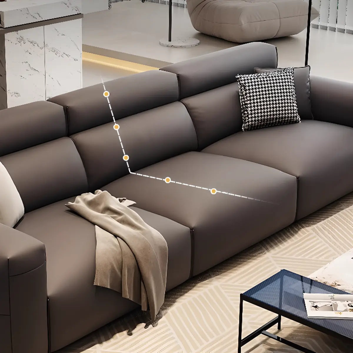 Living Room Tan Leather Wood Frame Three Seater Sofa Image - 7
