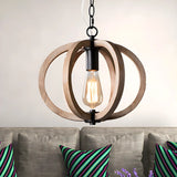 Living Room Traditional Wood Brown Orb Pendant Light Image - 1