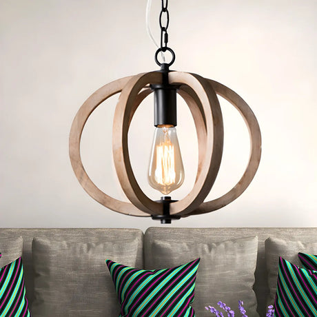 Living Room Traditional Wood Brown Orb Pendant Light Image - 1