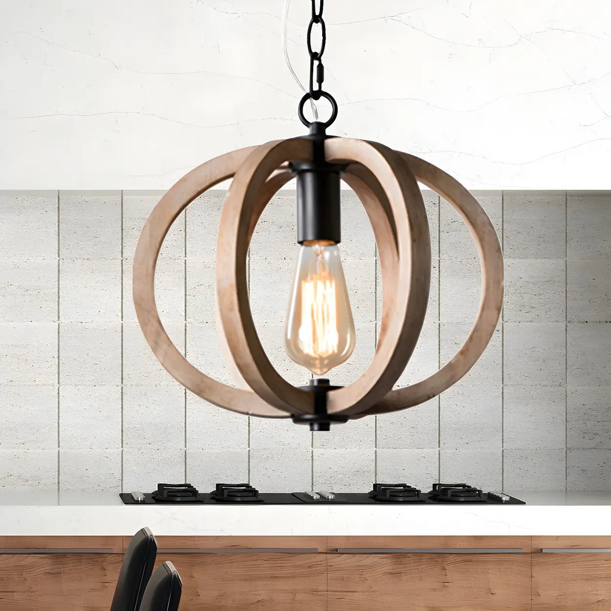 Living Room Traditional Wood Brown Orb Pendant Light Image - 2