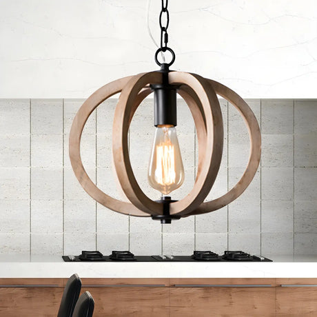 Living Room Traditional Wood Brown Orb Pendant Light Image - 2