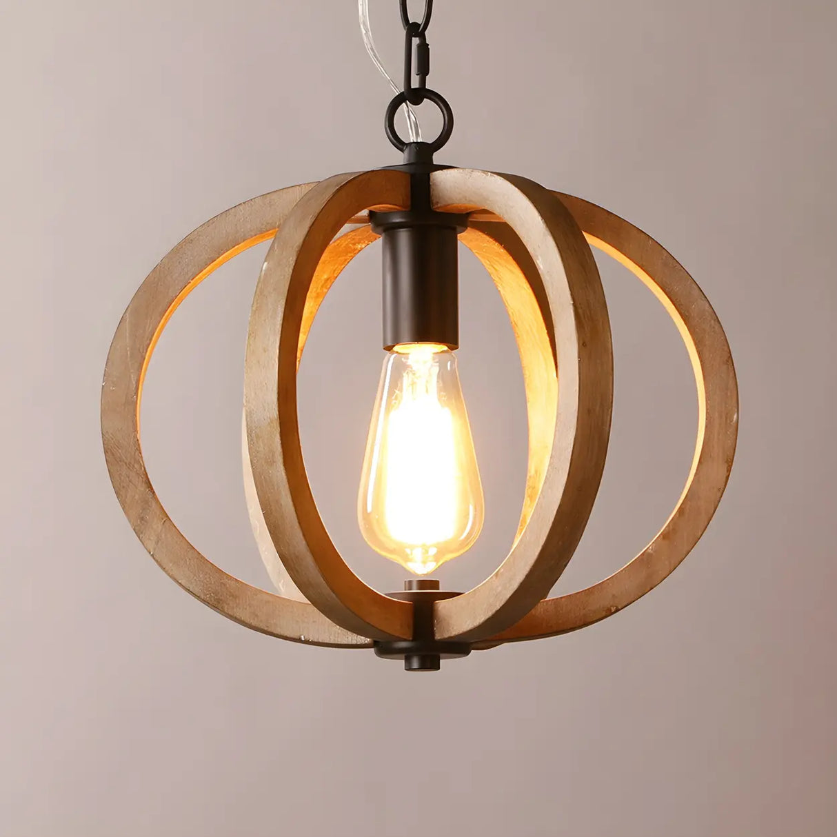 Living Room Traditional Wood Brown Orb Pendant Light Image - 4