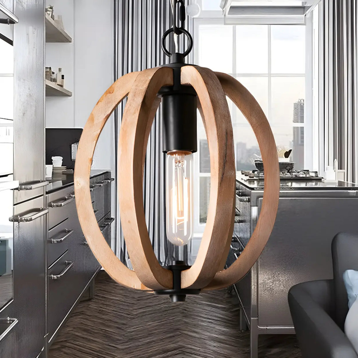 Living Room Traditional Wood Brown Orb Pendant Light Image - 5