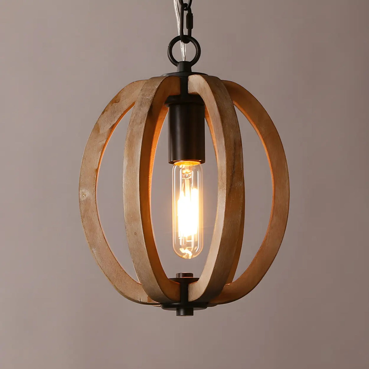 Living Room Traditional Wood Brown Orb Pendant Light Image - 7