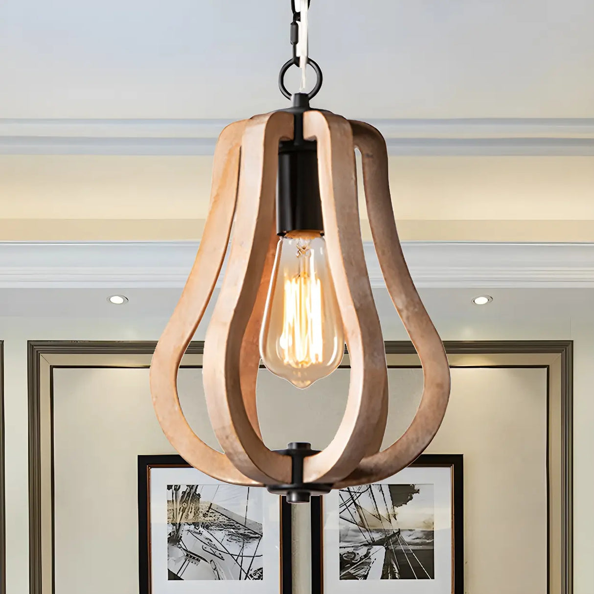 Living Room Traditional Wood Brown Orb Pendant Light Image - 8