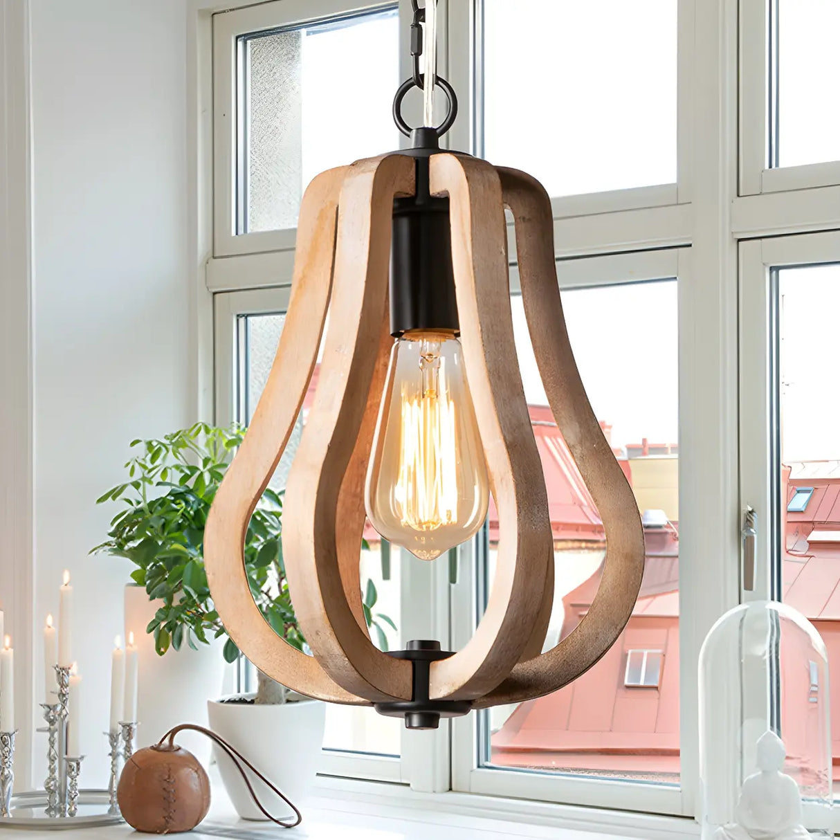 Living Room Traditional Wood Brown Orb Pendant Light Image - 9