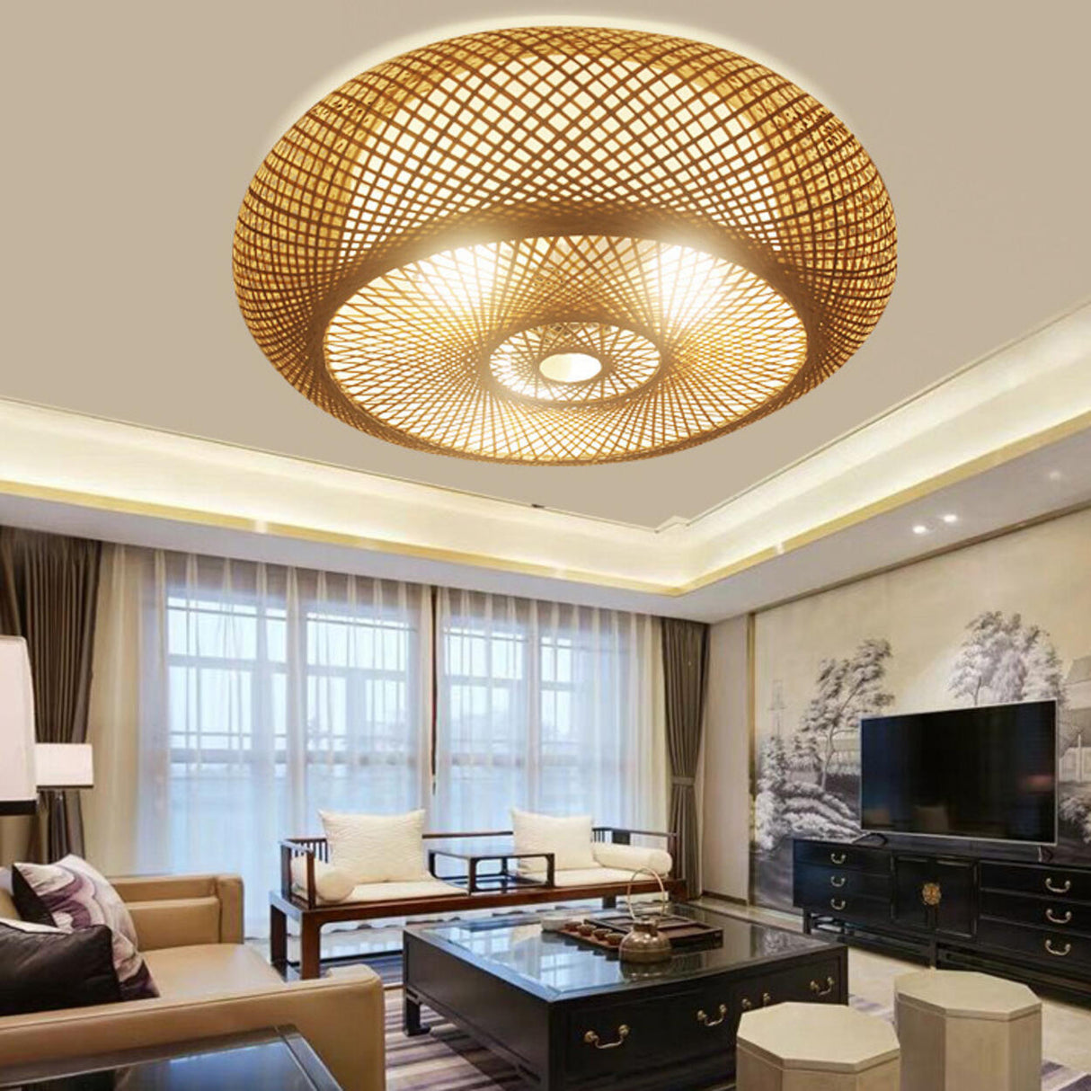 Living Room Vintage Bamboo Round Flush Mount Light Image - 4