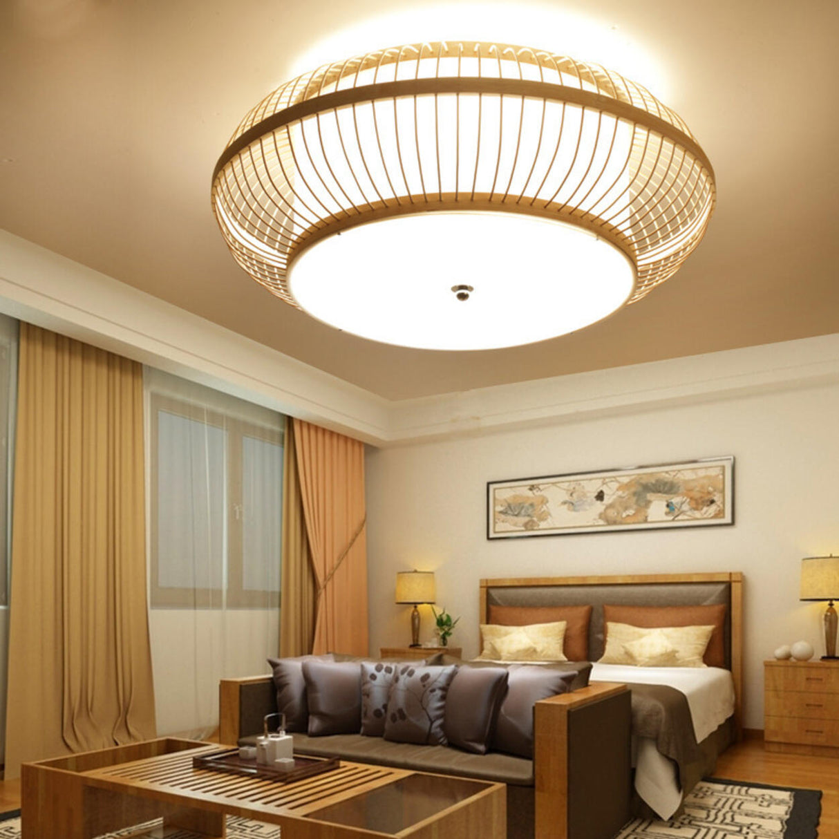 Living Room Vintage Bamboo Round Flush Mount Light Image - 5
