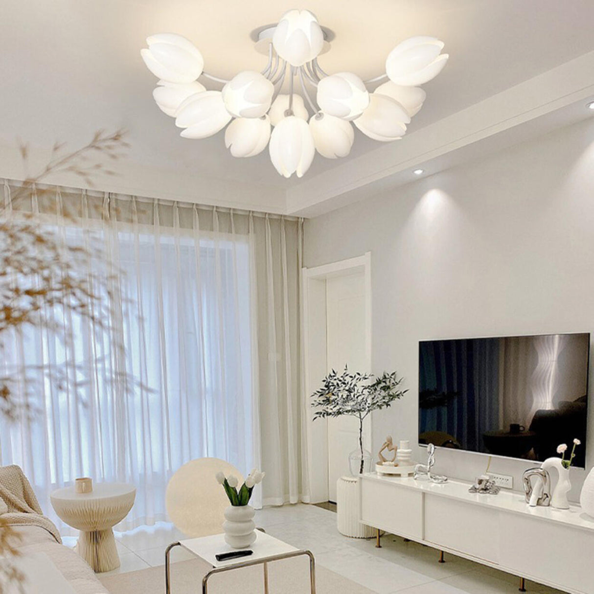 Living Room White Flower Semi-Flush Mount Lamp 13-Light Image - 1