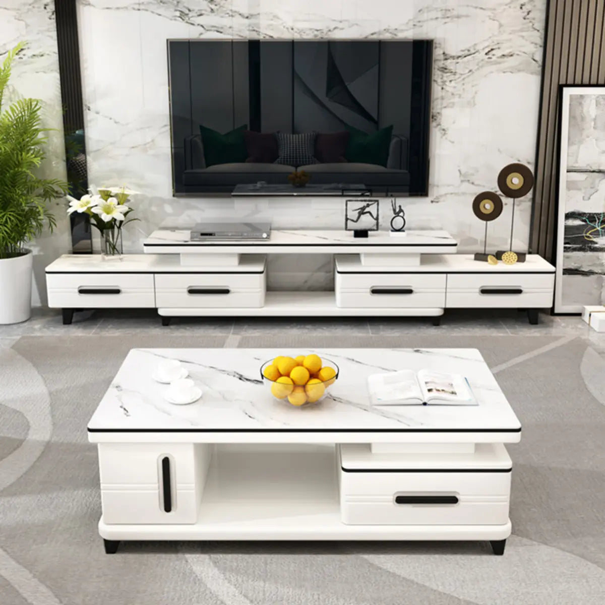 Living Room White Sintered Stone Drawers Long TV Stand Image - 3
