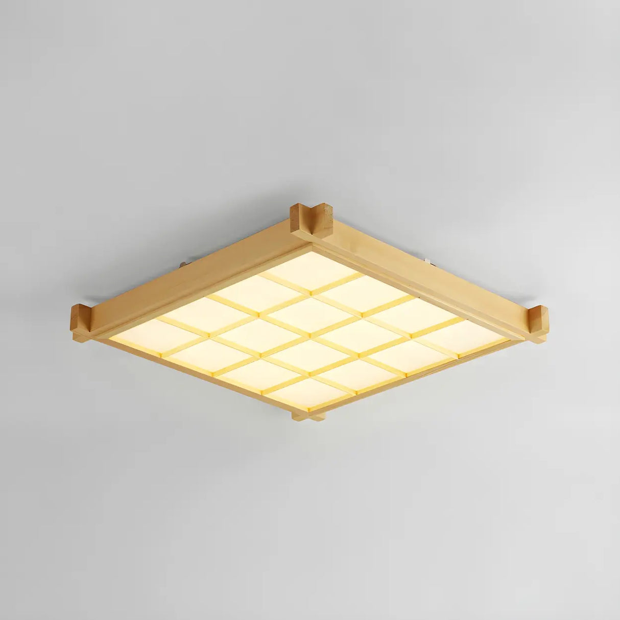 Living Room Wood Rectangle Grid LED Flush Mount Light Image - 10
