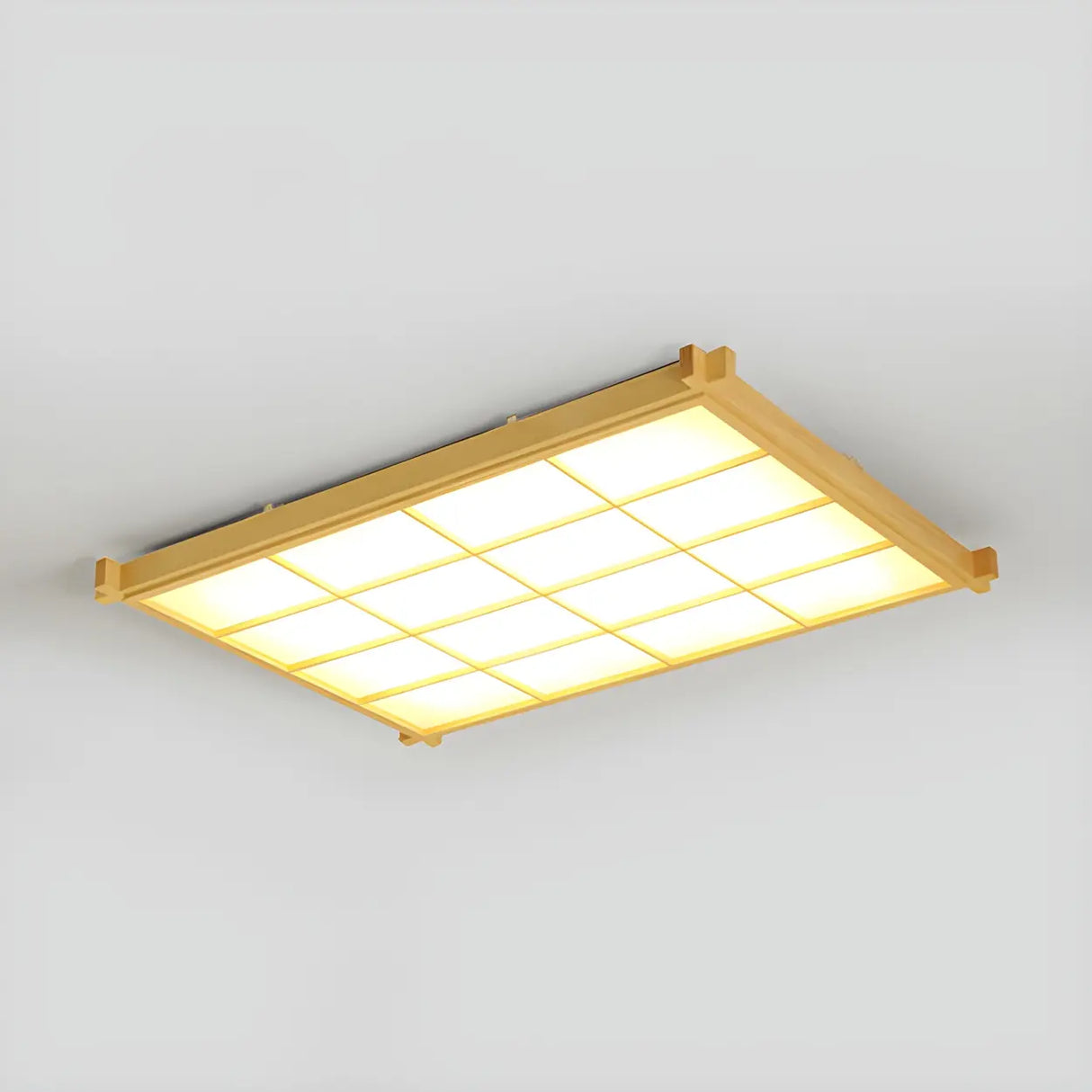 Living Room Wood Rectangle Grid LED Flush Mount Light Image - 11