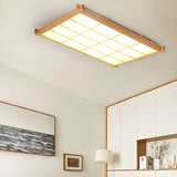 Living Room Wood Rectangle Grid LED Flush Mount Light Image - 15