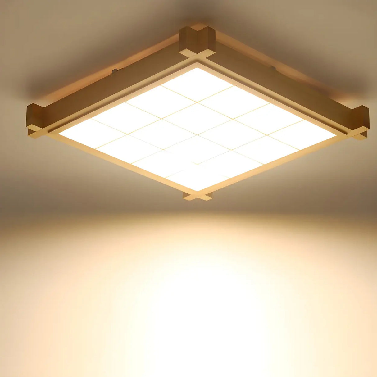 Living Room Wood Rectangle Grid LED Flush Mount Light Image - 17