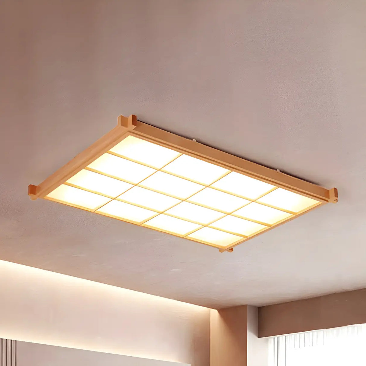 Living Room Wood Rectangle Grid LED Flush Mount Light Image - 3