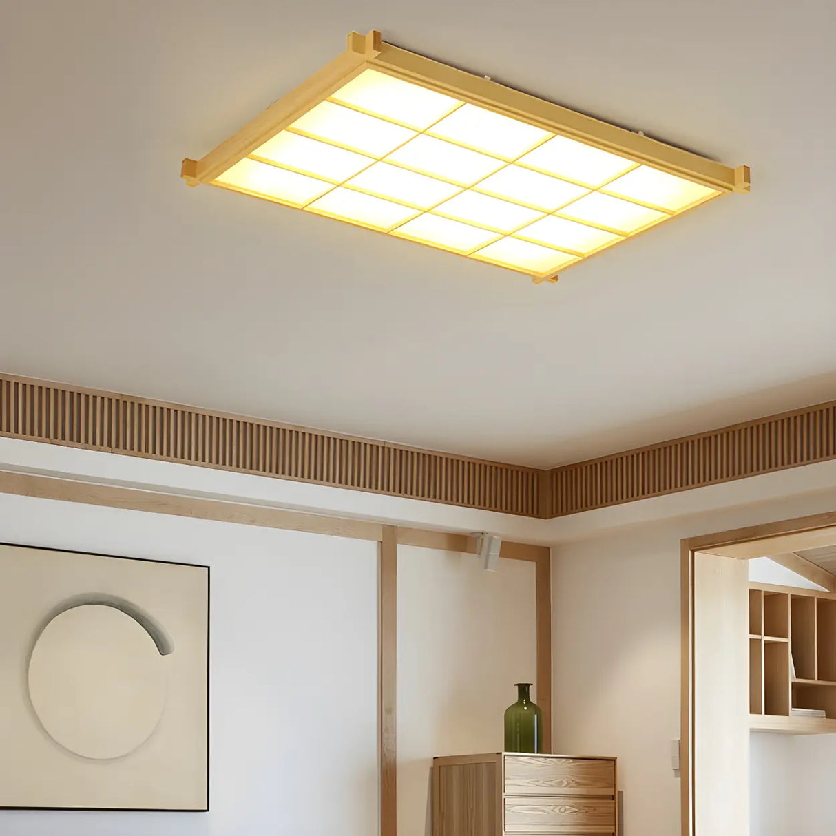 Living Room Wood Rectangle Grid LED Flush Mount Light Image - 4