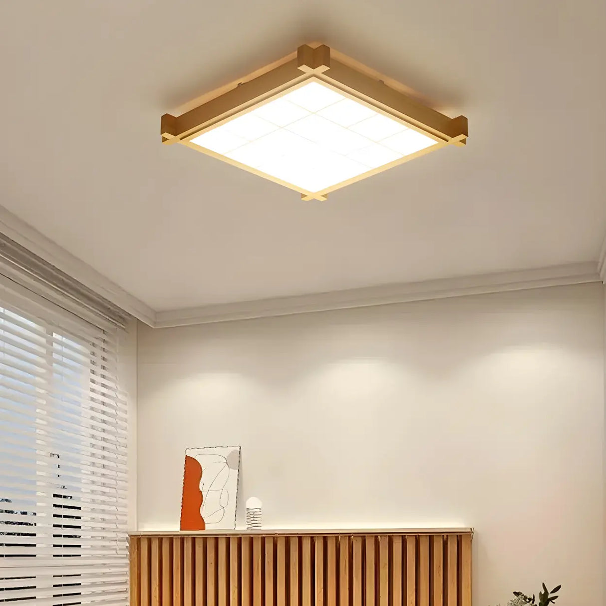 Living Room Wood Rectangle Grid LED Flush Mount Light Image - 5