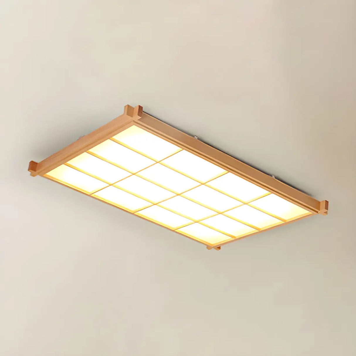Living Room Wood Rectangle Grid LED Flush Mount Light Image - 8