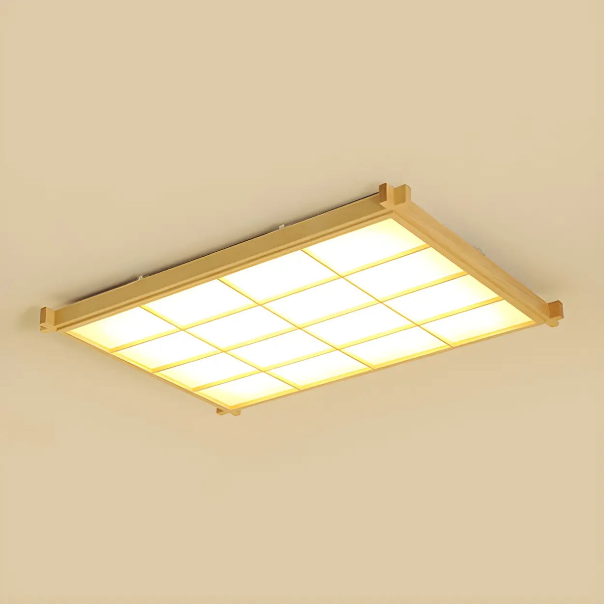 Living Room Wood Rectangle Grid LED Flush Mount Light Image - 9