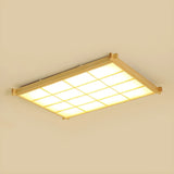 Living Room Wood Rectangle Grid LED Flush Mount Light Image - 9