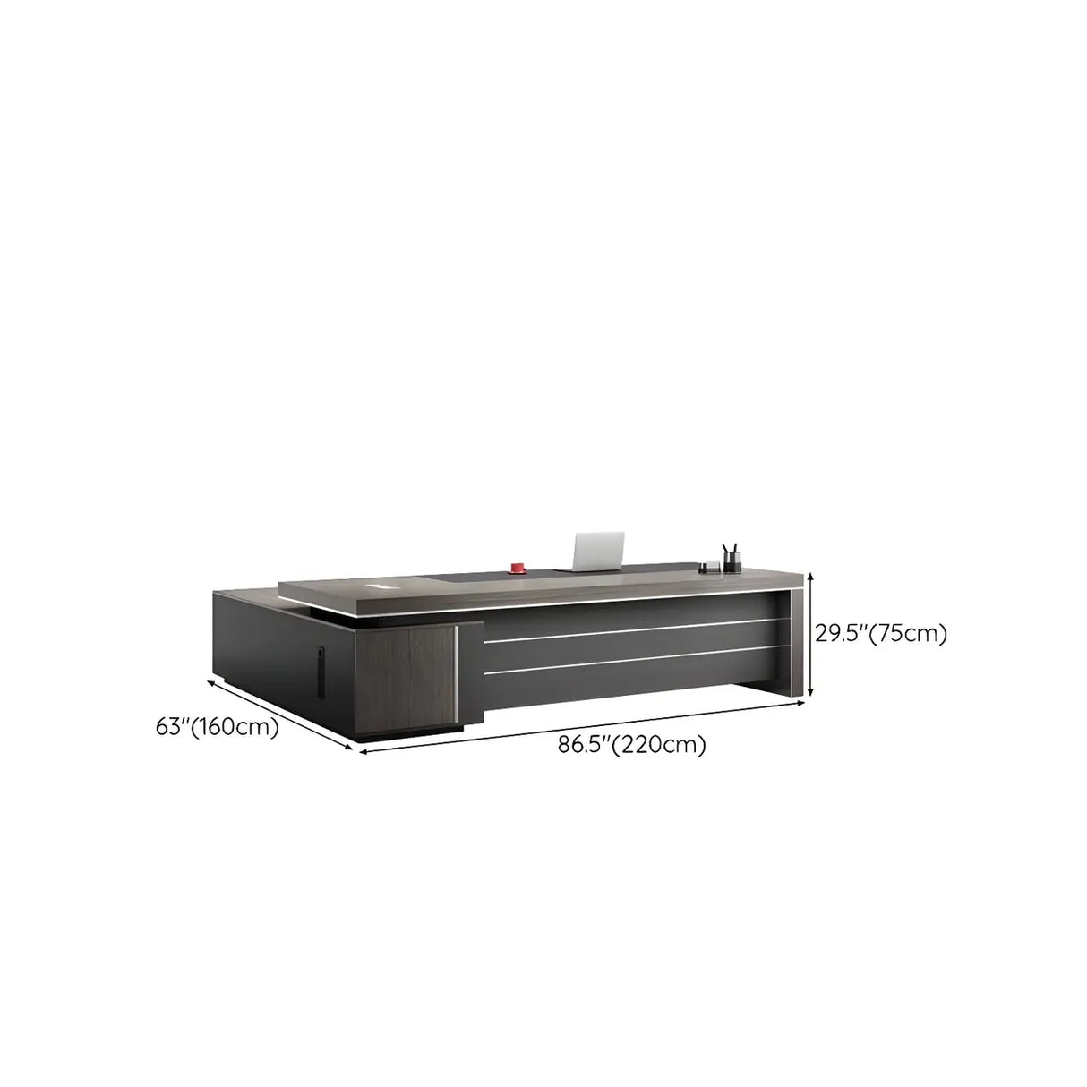 Long Brown Wood L-Shape Black Base Executive Desk Image - 16