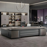 Long Brown Wood L-Shape Black Base Executive Desk Image - 3