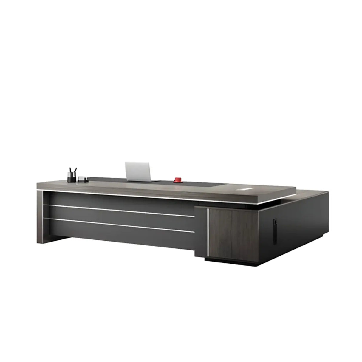 Long Brown Wood L-Shape Black Base Executive Desk Image - 7