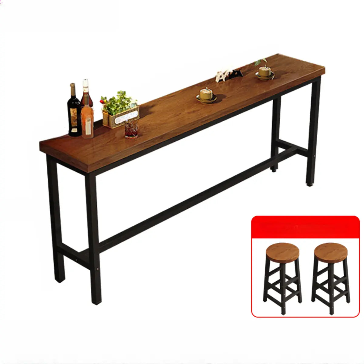 Long Manufactured Wood Trestle Brown Storage Bar Table Set Image - 8