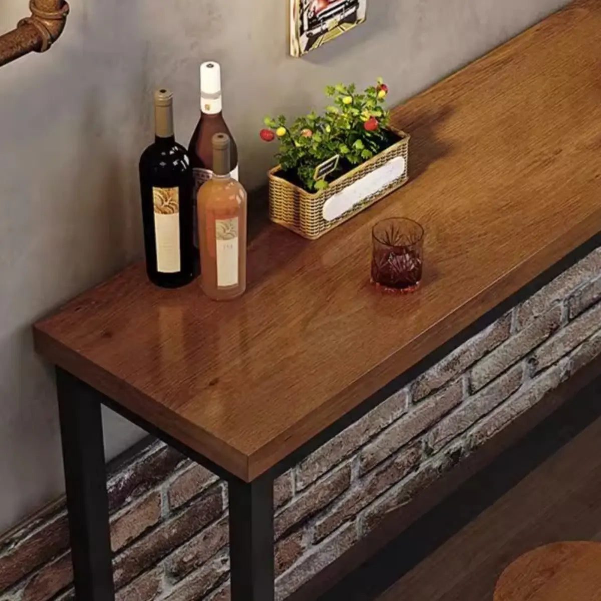 Long Manufactured Wood Trestle Brown Storage Bar Table Set Image - 9