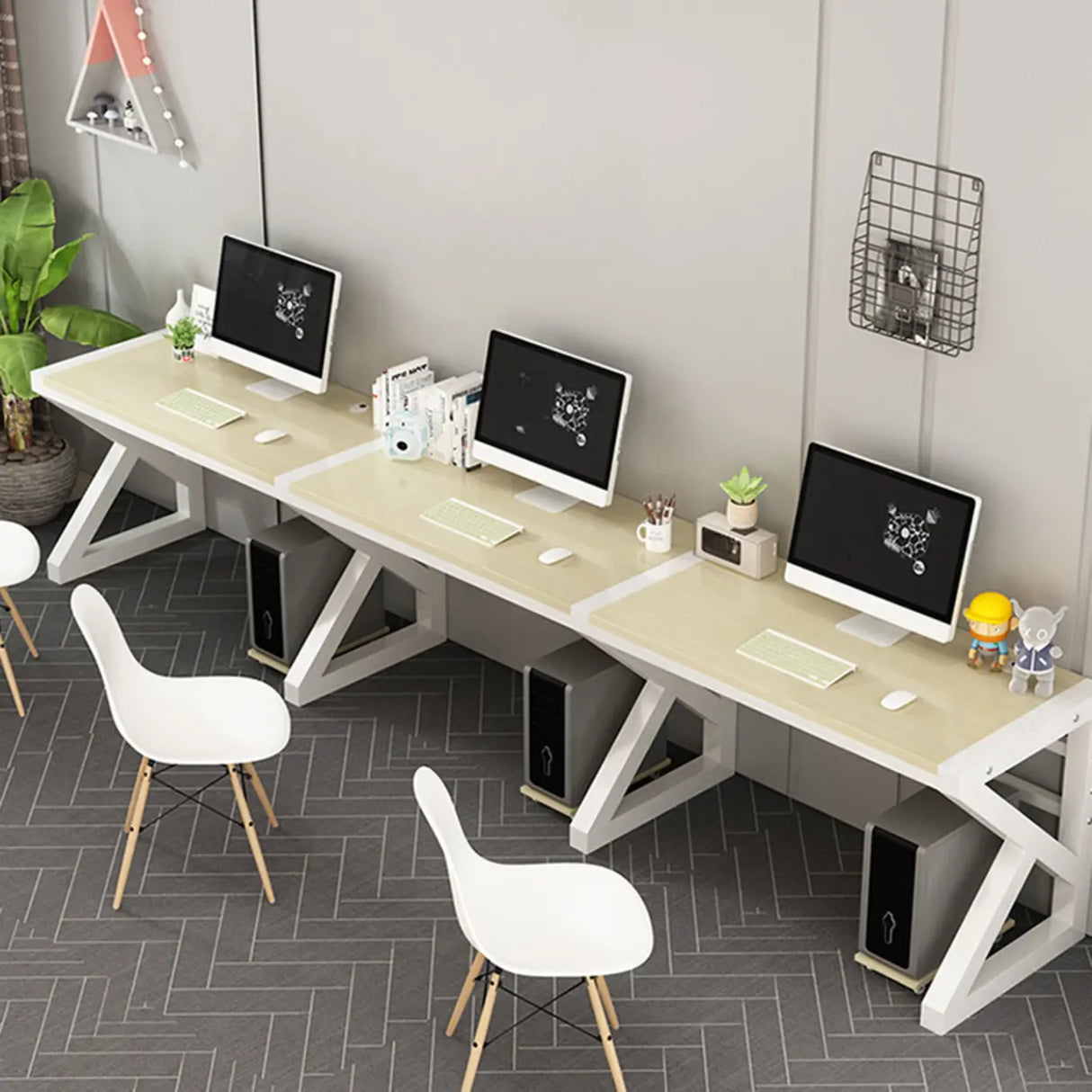 Long Standard Wooden 3-personal Computer Desk Image - 11