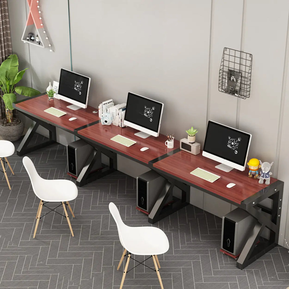 Long Standard Wooden 3-personal Computer Desk Image - 4