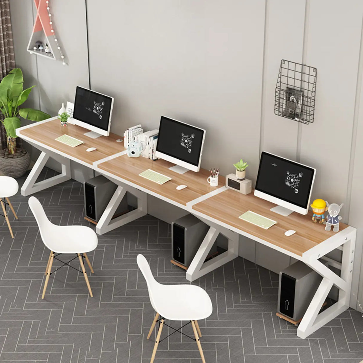 Long Standard Wooden 3-personal Computer Desk Image - 5