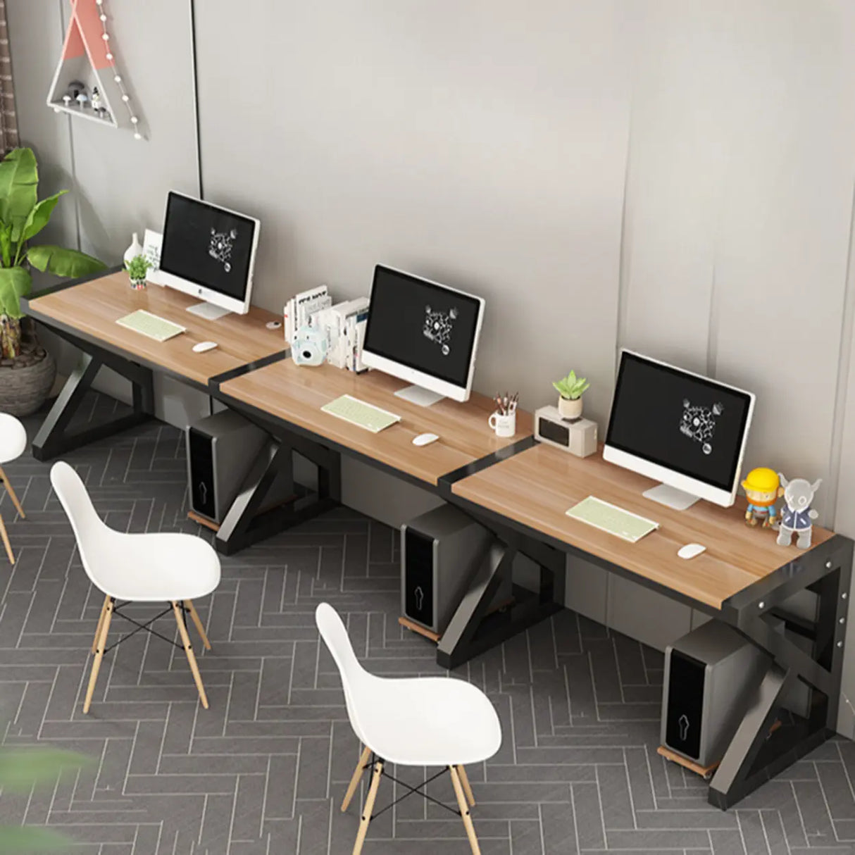 Long Standard Wooden 3-personal Computer Desk Image - 6