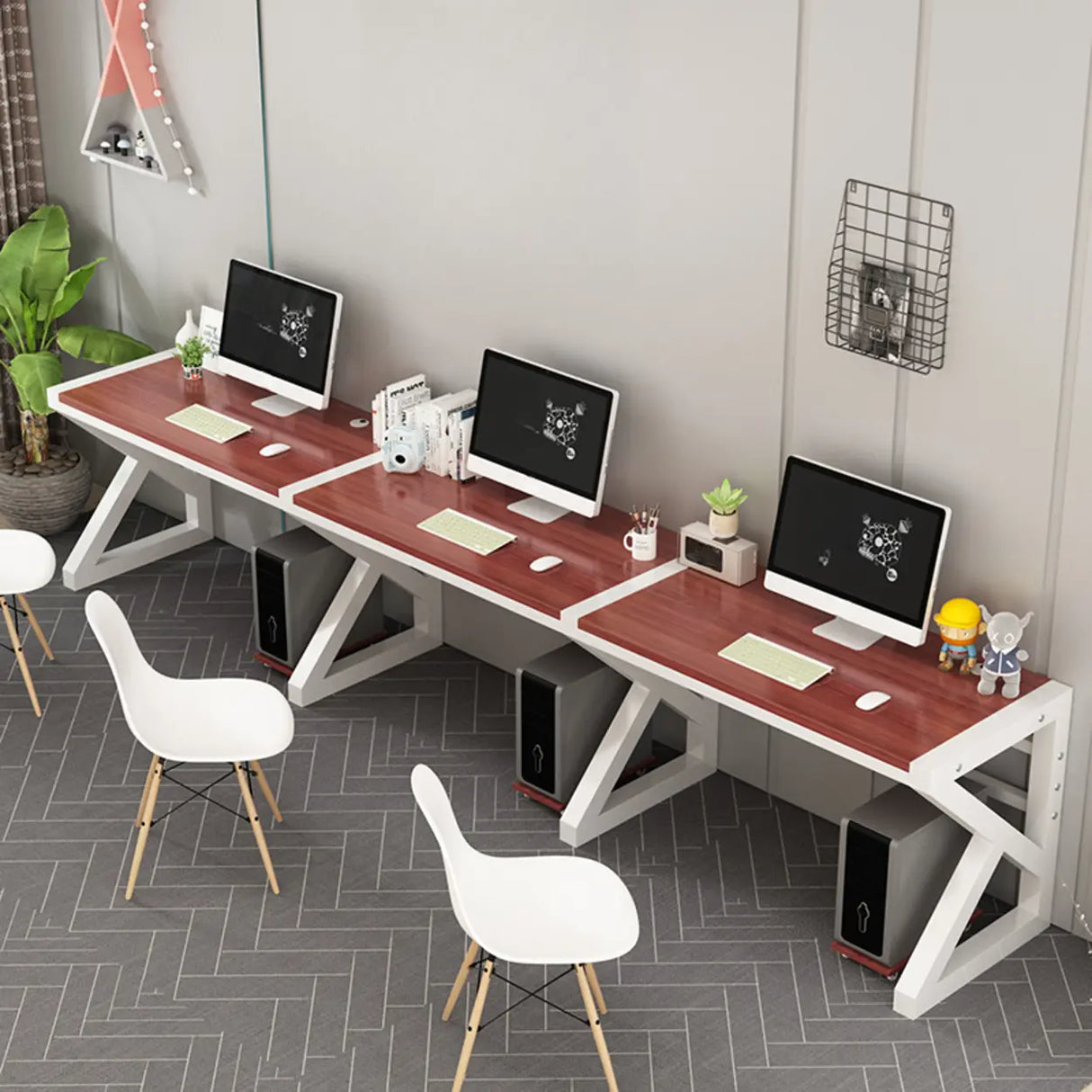 Long Standard Wooden 3-personal Computer Desk Image - 7