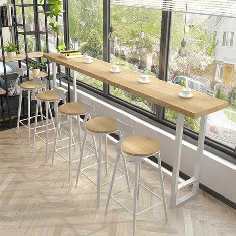 Long Trestle Natural Finish Seating Storage Bar Table Set Image - 2