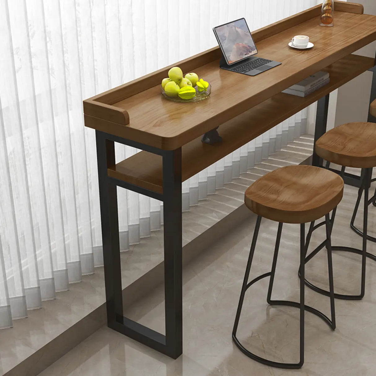 Long Wooden Rectangular Brown Bar Table with Storage Image - 6