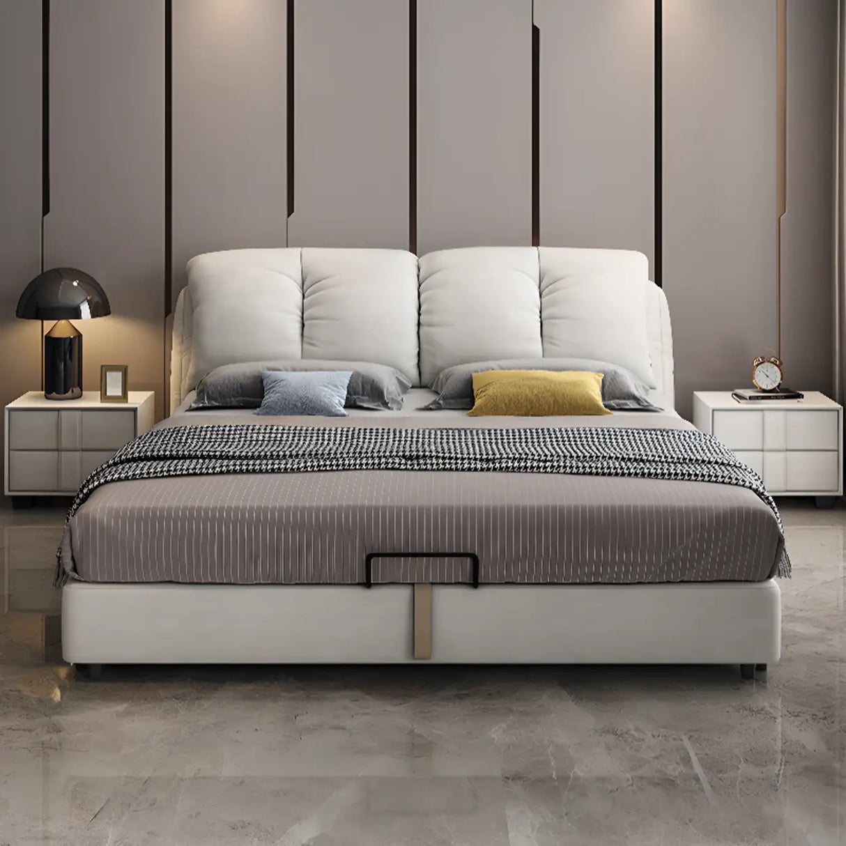 Low Clearance Upholstered White King Panel Headboard Bed Image - 4