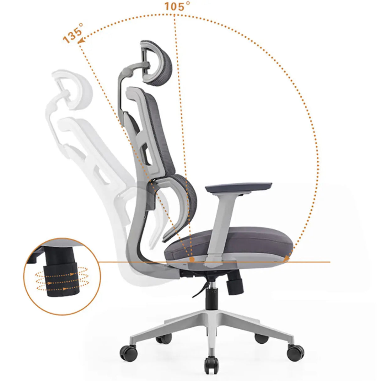 Lumbar Support Grey Swivel Mesh Waterfall Seat Office Chair Image - 12