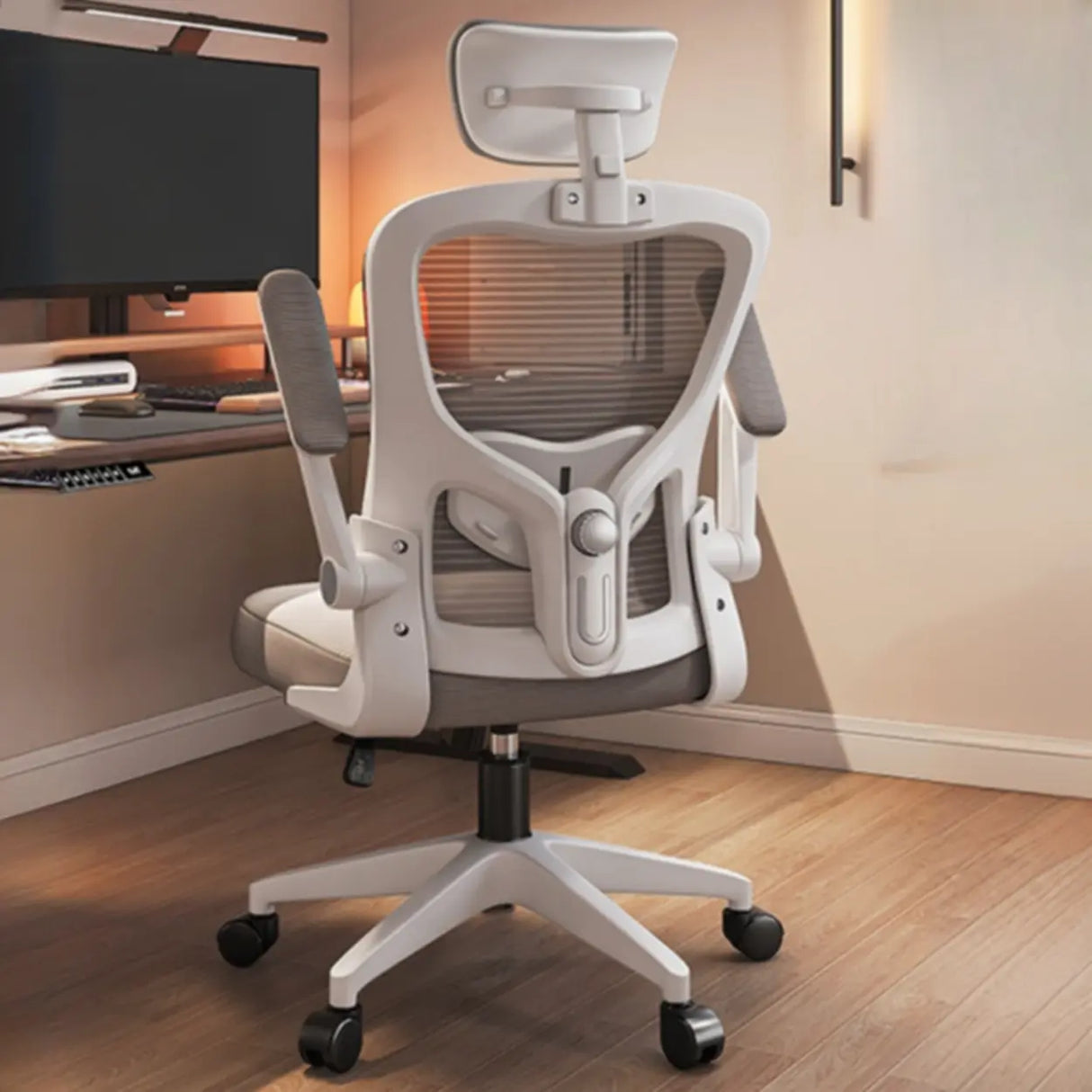 Lumbar Support Light Grey Mesh Office Chair with Wheels Image - 4