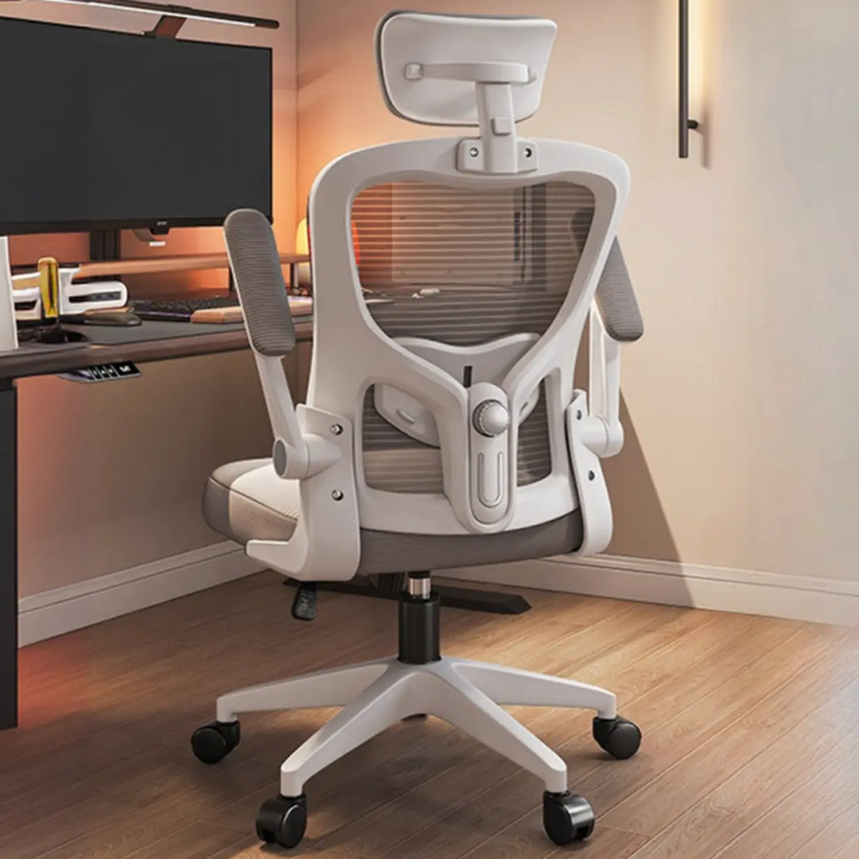 Lumbar Support Light Grey Mesh Office Chair with Wheels Image - 9