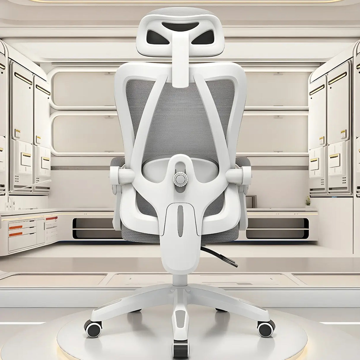 Lumbar Support Swivel White Mesh Office Chair with Headrest Image - 1