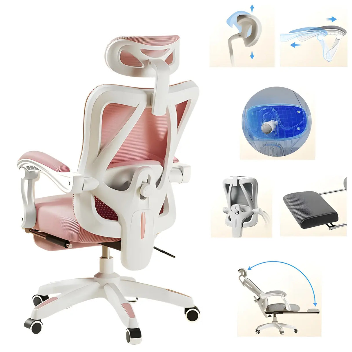 Lumbar Support Swivel White Mesh Office Chair with Headrest Image - 10