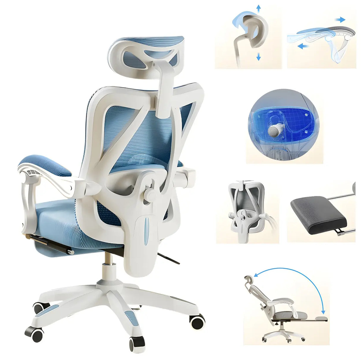 Lumbar Support Swivel White Mesh Office Chair with Headrest Image - 11