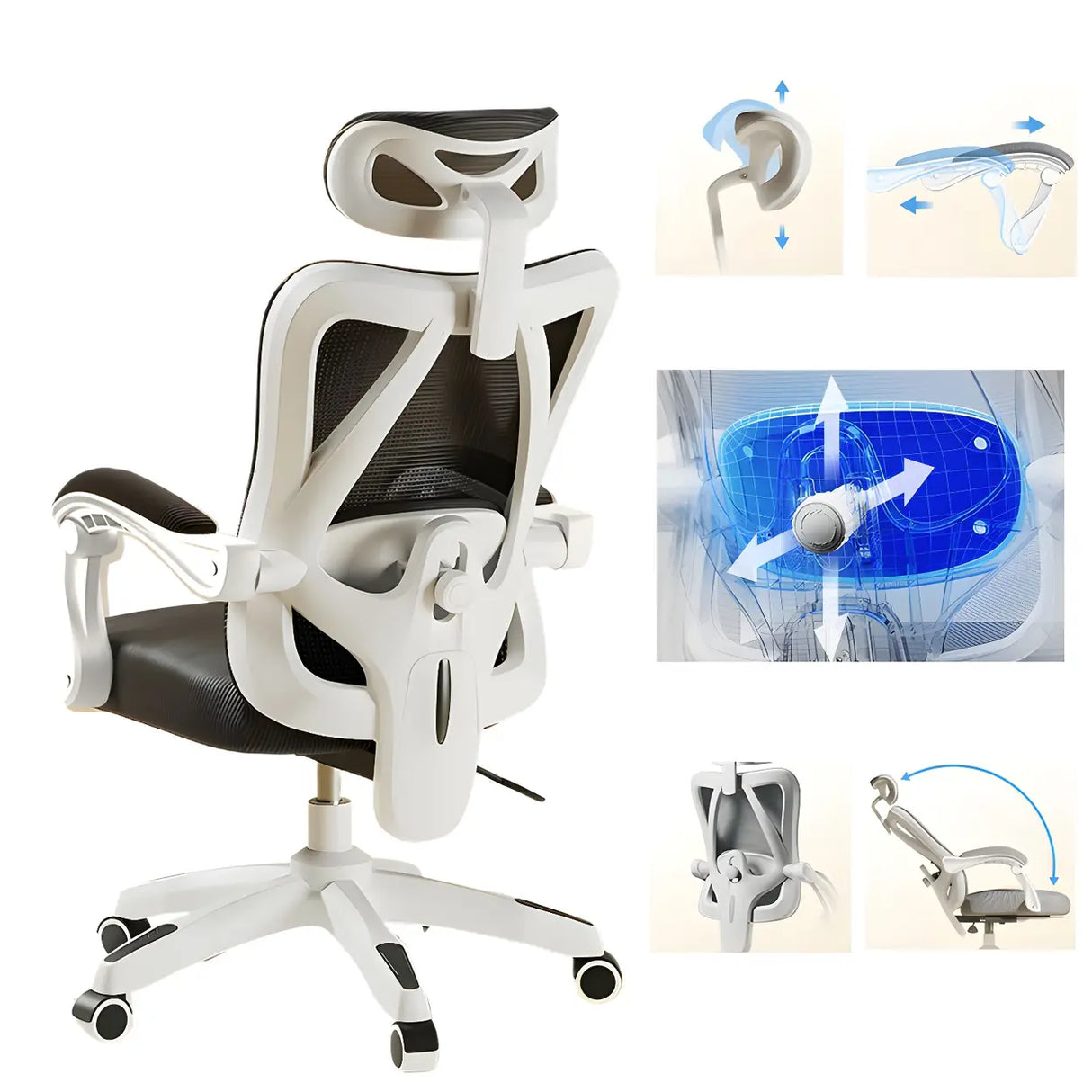 Lumbar Support Swivel White Mesh Office Chair with Headrest Image - 13