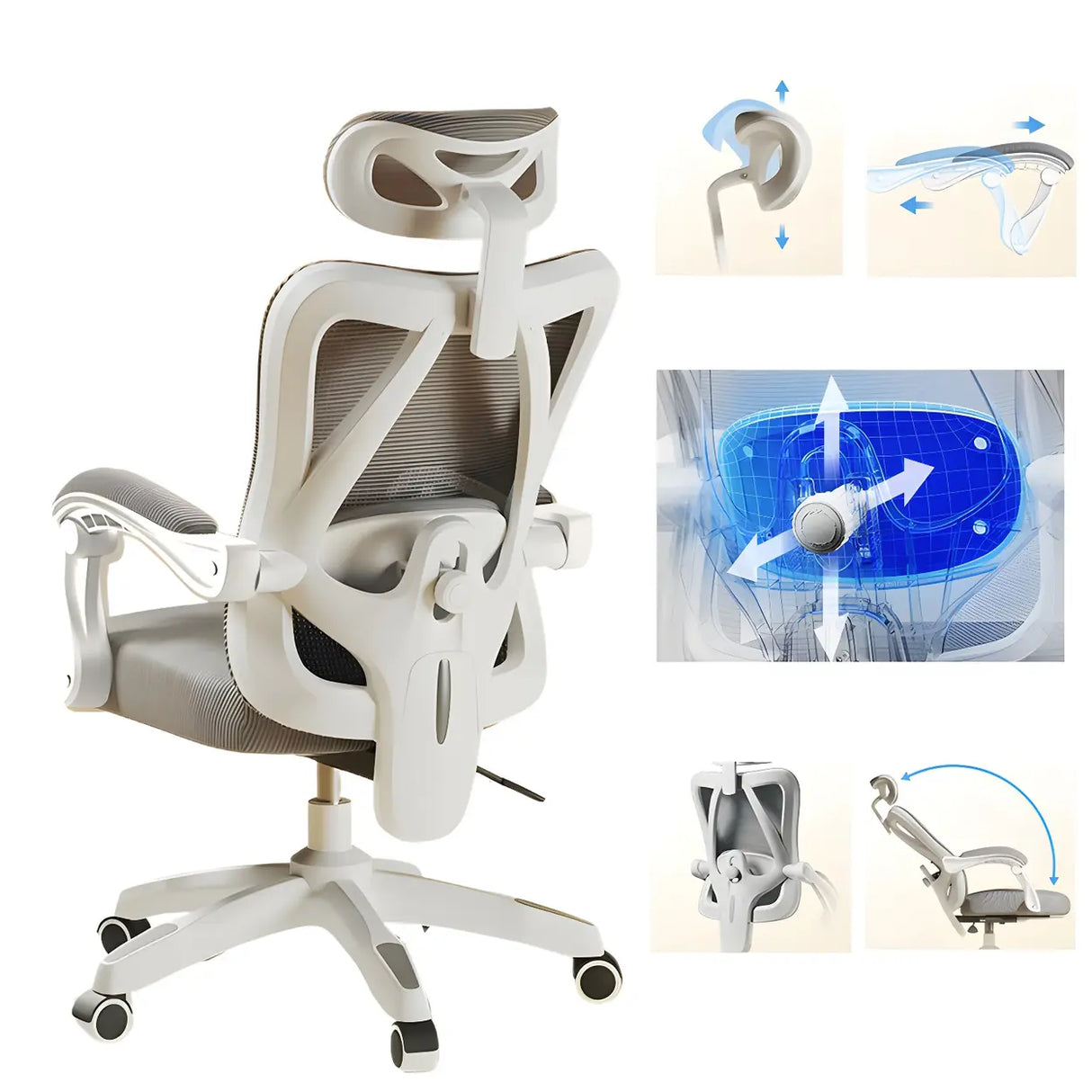 Lumbar Support Swivel White Mesh Office Chair with Headrest Image - 15