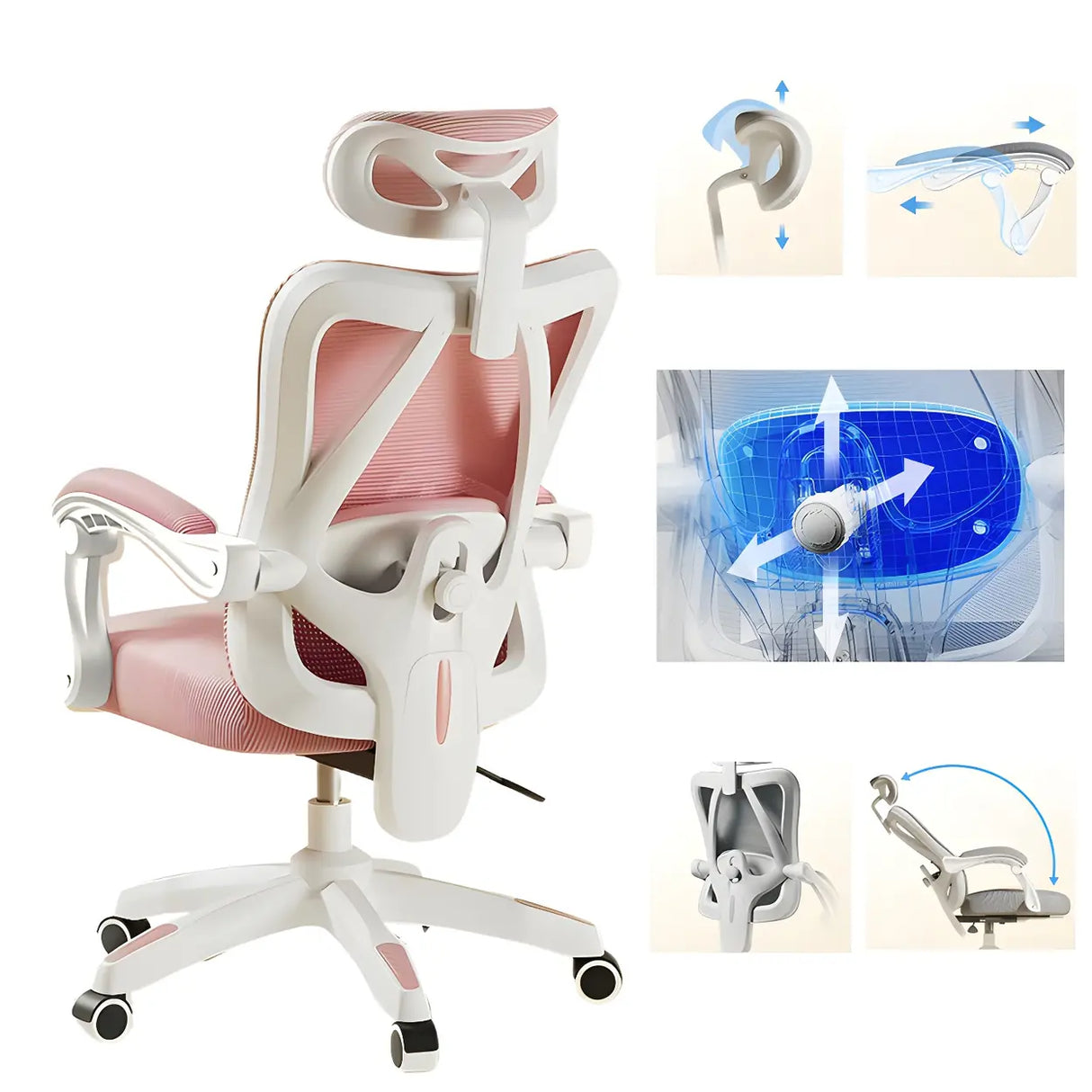 Lumbar Support Swivel White Mesh Office Chair with Headrest Image - 17