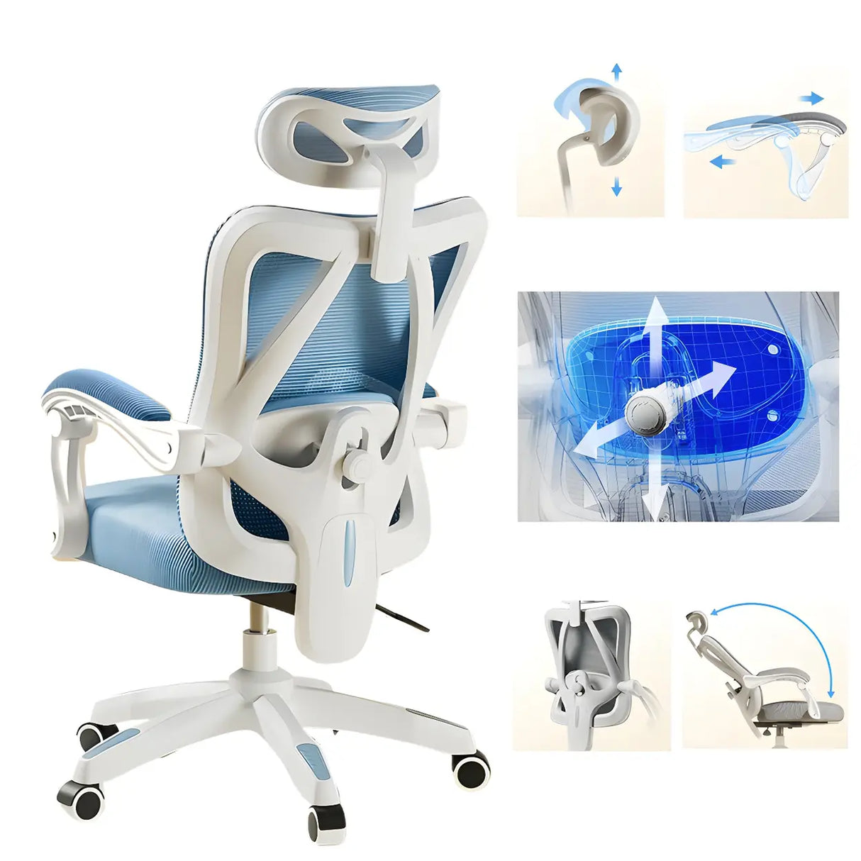 Lumbar Support Swivel White Mesh Office Chair with Headrest Image - 18